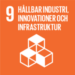 Agenda 2030, Mål 9, hållbar industri, innovationer och infrastruktur. Orange bakgrund med vita kuber som är staplade. 